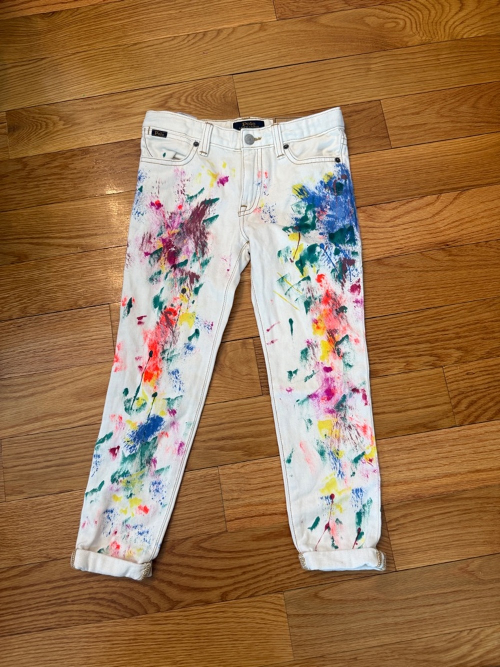 Polo Ralph Lauren White Kids Jeans with Multicolor Paint-Splatter